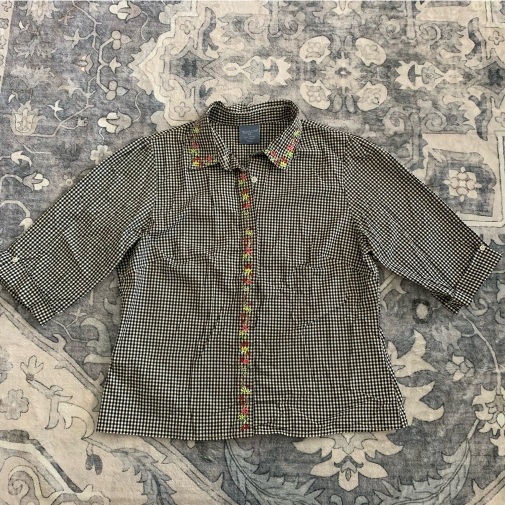 Westbound Petites Black Gingham Floral Embroidered Button Down Blouse Size PS
